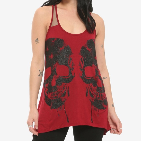 Midnight Hour Medium Red Tank Top With Mesh Racer Back Glitter Black SkullDesign - Picture 1 of 9